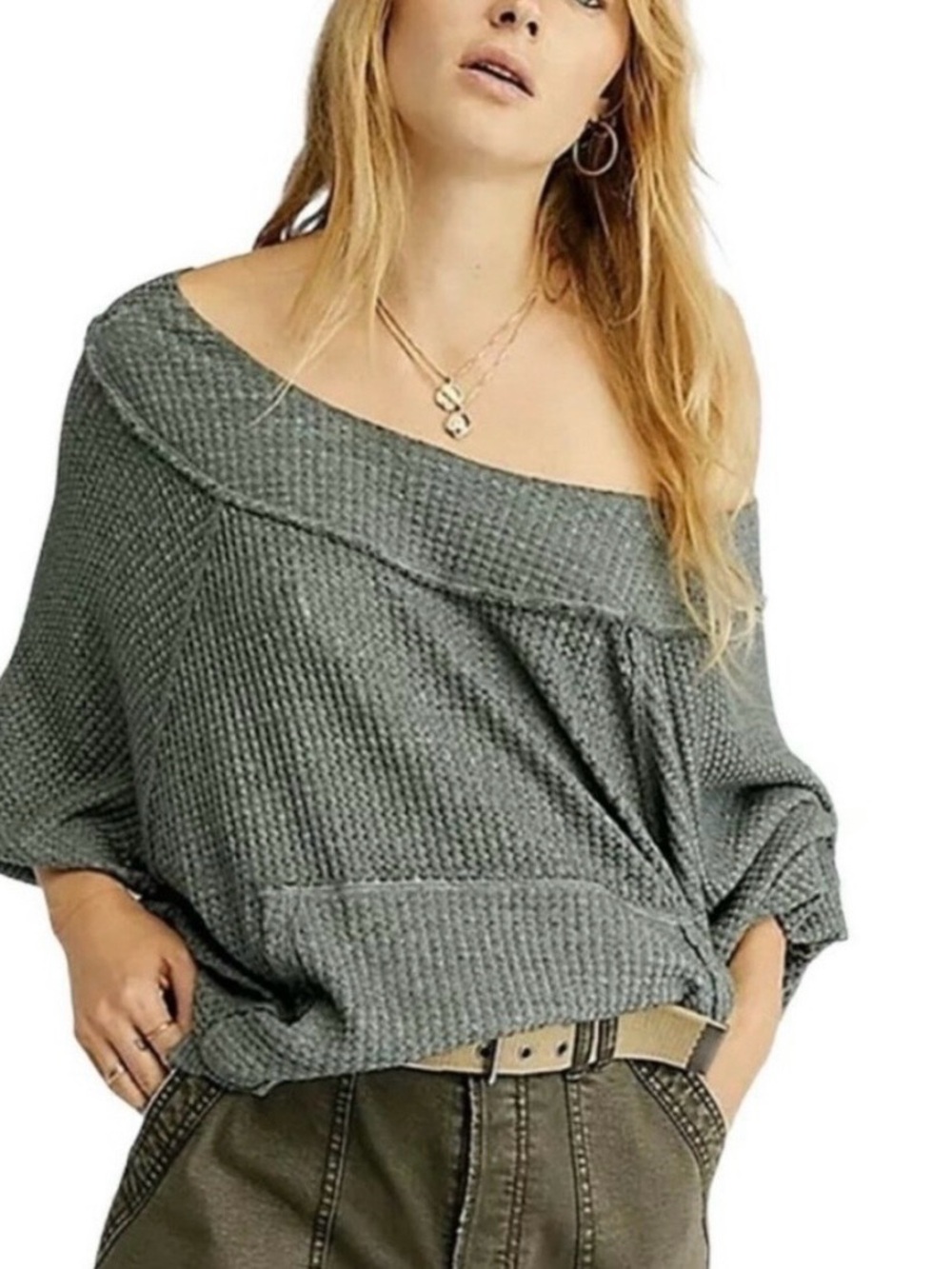 We The Free Off-Shoulder Waffle Knit Sweater thermal oversized Green XS